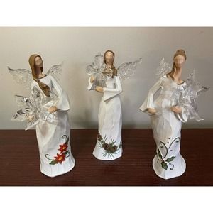 Three Christmas Angels Resin Figurines With Acrylic Wings 8”Tall Christmas Decor